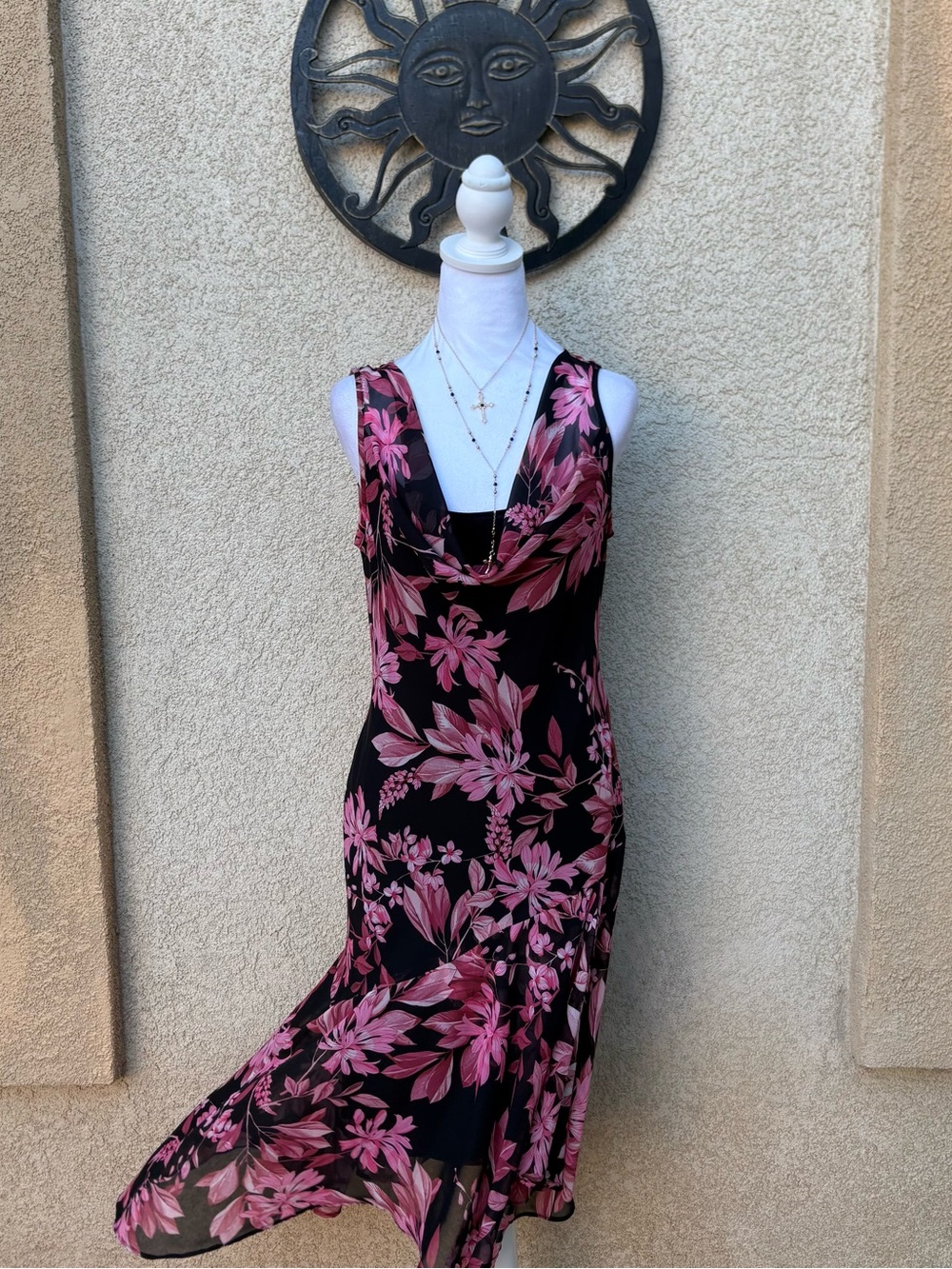 Connected Apparel Black Pink Floral Cowl Neck Dress Y2K Boho Fairycore